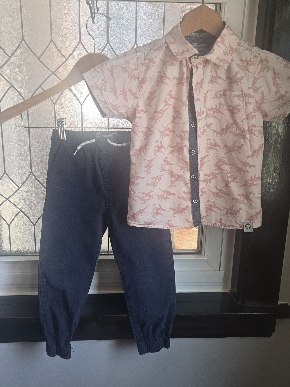 Free Planet Boys Short Sleeve Dino Print Button-Up with Navy Joggers